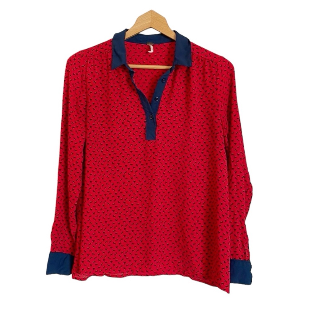 Free People Wild Red Horse Equestrian Print Long Sleeve Boyfriend Top size XS
